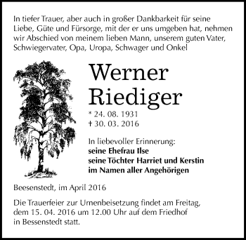 Traueranzeige von Werner Riediger von Mitteldeutsche Zeitung Halle/Saalkreis