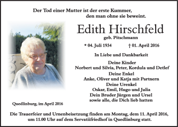 Traueranzeige von Edith Hirschfeld von Mitteldeutsche Zeitung Quedlinburg