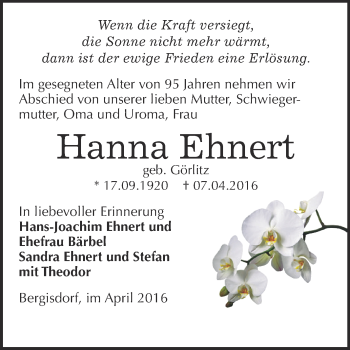 Traueranzeige von Hanna Ehnert von Super Sonntag Zeitz