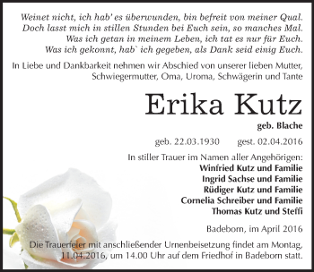 Traueranzeige von Erika Kutz von Mitteldeutsche Zeitung Quedlinburg