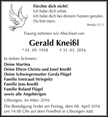 Traueranzeige von Gerald Kneißl von Mitteldeutsche Zeitung Sangerhausen