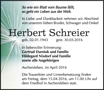Traueranzeige von Herbert Schreier von Mitteldeutsche Zeitung Aschersleben