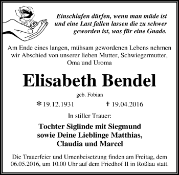 Traueranzeige von Elisabeth Bendel von Mitteldeutsche Zeitung Dessau-Roßlau