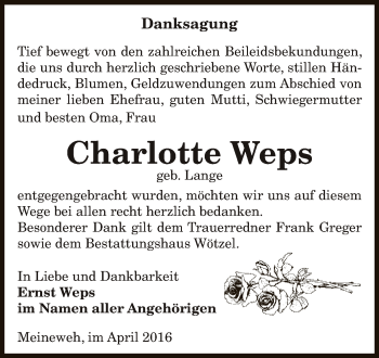 Traueranzeige von Charlotte Weps von Super Sonntag Zeitz
