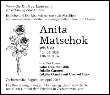 Traueranzeige von Anita Matschok von Mitteldeutsche Zeitung Wittenberg