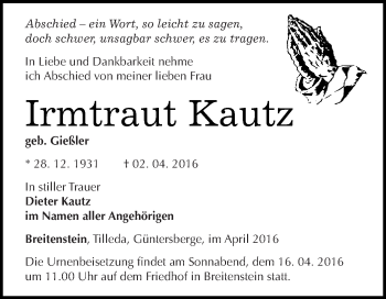 Traueranzeige von Irmtraut Kautz von Super Sonntag SGH Mansf. Land