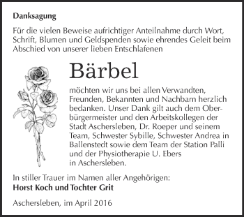 Traueranzeige von Bärbel  von Super Sonntag Aschersleben