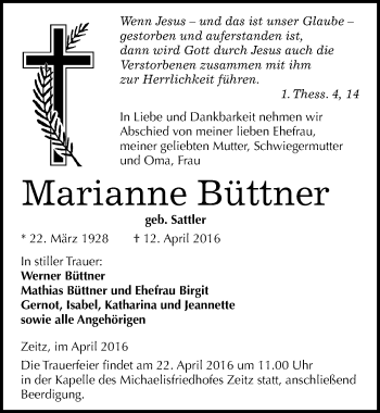 Traueranzeige von Marianne Büttner von Mitteldeutsche Zeitung Zeitz