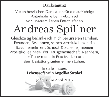 Traueranzeige von Andreas Spillner von WVG - Wochenspiegel Bitterfeld
