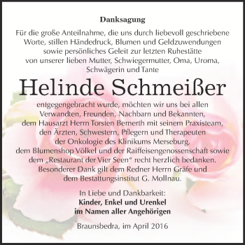 Traueranzeige von Helinde Schmeißer von WVG - Wochenspiegel Merseburg