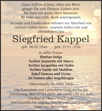 Traueranzeige von Siegfried Kappel von Mitteldeutsche Zeitung Merseburg/Querfurt