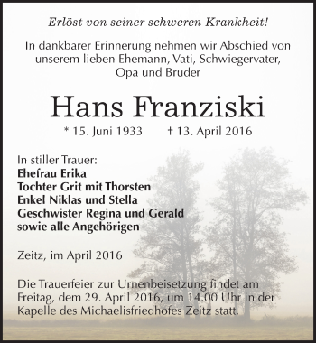 Traueranzeige von Hans Franziski von Mitteldeutsche Zeitung Zeitz