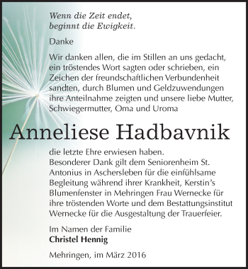 Traueranzeige von Anneliese Hadbavnik von Mitteldeutsche Zeitung Aschersleben