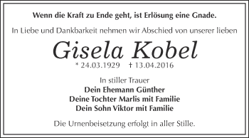 Traueranzeige von Gisela Kobel von WVG - Wochenspiegel Dessau / Köthen