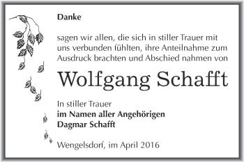 Traueranzeige von Wolfgang Schafft von WVG - Wochenspiegel NMB / WSF / ZTZ