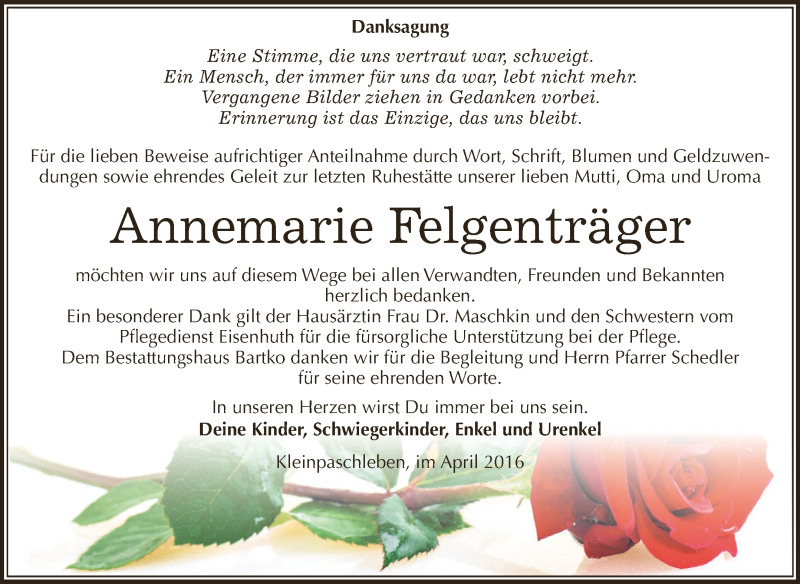  Traueranzeige für Annemarie Felgenträger vom 23.04.2016 aus WVG - Wochenspiegel Dessau / Köthen