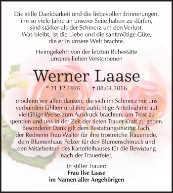 Traueranzeige von Werner Laase von WVG - Wochenspiegel Merseburg