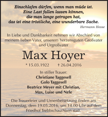 Traueranzeige von Max Hoyer von Mitteldeutsche Zeitung Köthen