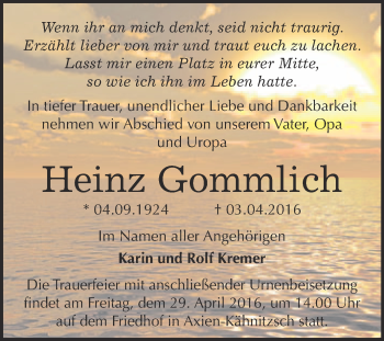 Traueranzeige von Heinz Gommlich von WVG - Wochenspiegel Wittenberg