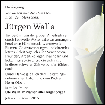 Traueranzeige von Jürgen Walla von WVG - Wochenspiegel Bitterfeld
