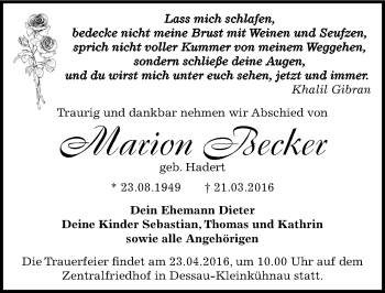 Traueranzeige von Marion Becker von Mitteldeutsche Zeitung Köthen