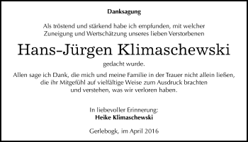 Traueranzeige von Hans-Jürgen Klimaschewski von Mitteldeutsche Zeitung Bernburg