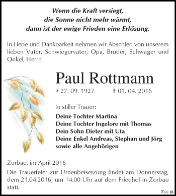 Traueranzeige von Paul Rottmann von WVG - Wochenspiegel NMB / WSF / ZTZ