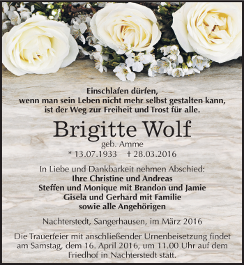 Traueranzeige von Brigitte Wolf von Mitteldeutsche Zeitung Aschersleben