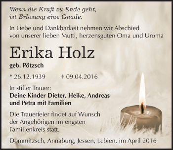 Traueranzeige von Erika Holz von Mitteldeutsche Zeitung Wittenberg