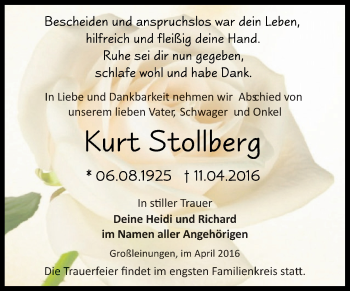Traueranzeige von Kurt Stollberg von Super Sonntag SGH Mansf. Land