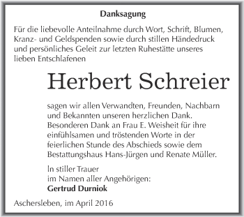 Traueranzeige von Herbert Schreier von Super Sonntag Aschersleben