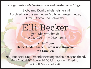 Traueranzeige von Elli Becker von Mitteldeutsche Zeitung Wittenberg