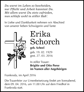 Traueranzeige von Erika Schorch von Mitteldeutsche Zeitung Naumburg/Nebra