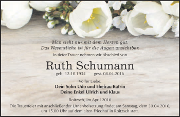 Traueranzeige von Ruth Schumann von WVG - Wochenspiegel Bitterfeld