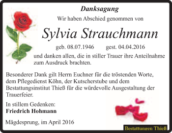 Traueranzeige von Sylvia Strauchmann von Super Sonntag Quedlinburg