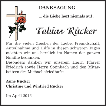 Traueranzeige von Tobias Rücker von Super Sonntag Zeitz