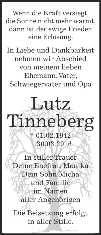 Traueranzeige von Lutz Tinneberg von WVG - Wochenspiegel Dessau / Köthen
