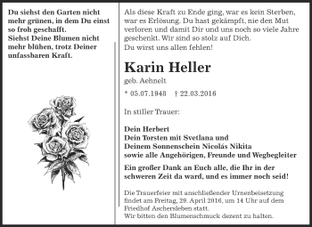 Traueranzeige von Karin Heller von Super Sonntag Aschersleben