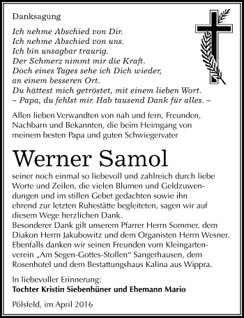Traueranzeige von Werner Samol von Mitteldeutsche Zeitung Sangerhausen