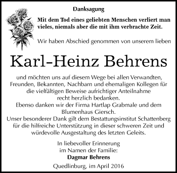 Traueranzeige von Karl-Heinz Behrens von Mitteldeutsche Zeitung Quedlinburg