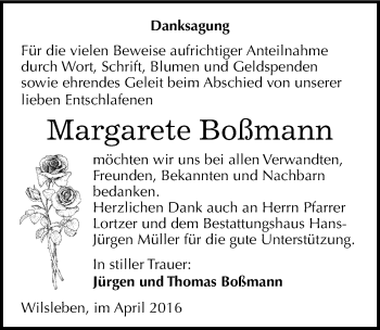 Traueranzeige von Margarete Boßmann von Mitteldeutsche Zeitung Aschersleben