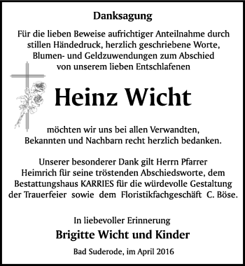 Traueranzeige von Heinz Wicht von Mitteldeutsche Zeitung Quedlinburg