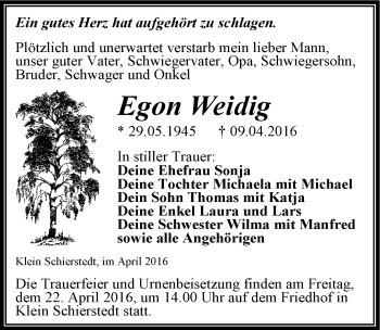 Traueranzeige von Egon Weidig von Mitteldeutsche Zeitung Aschersleben
