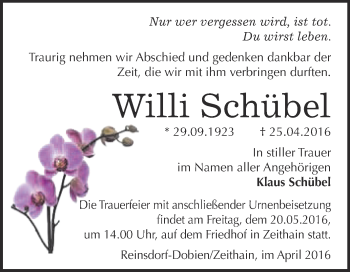 Traueranzeige von Willi Schübel von Super Sonntag Wittenberg
