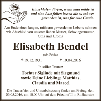 Traueranzeige von Elisabeth Bendel von WVG - Wochenspiegel Dessau / Köthen