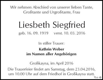 Traueranzeige von Liesbeth Siegfried von Super Sonntag Zeitz