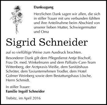 Traueranzeige von Sigrid Schneider von Mitteldeutsche Zeitung Wittenberg