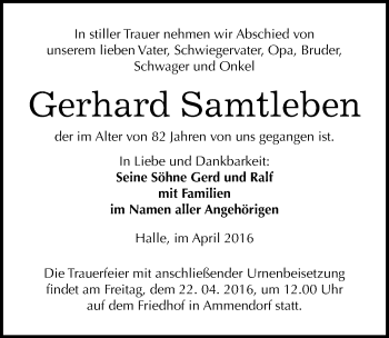 Traueranzeige von Gerhard Samtleben von Mitteldeutsche Zeitung Halle/Saalkreis