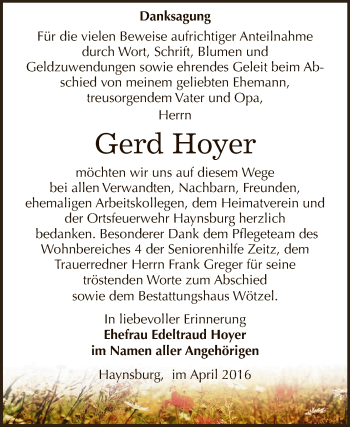 Traueranzeige von Gerd Hoyer von Super Sonntag Zeitz