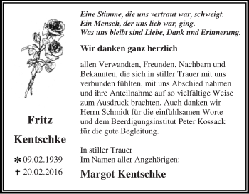 Traueranzeige von Fritz Kentschke von WVG - Wochenspiegel Dessau / Köthen